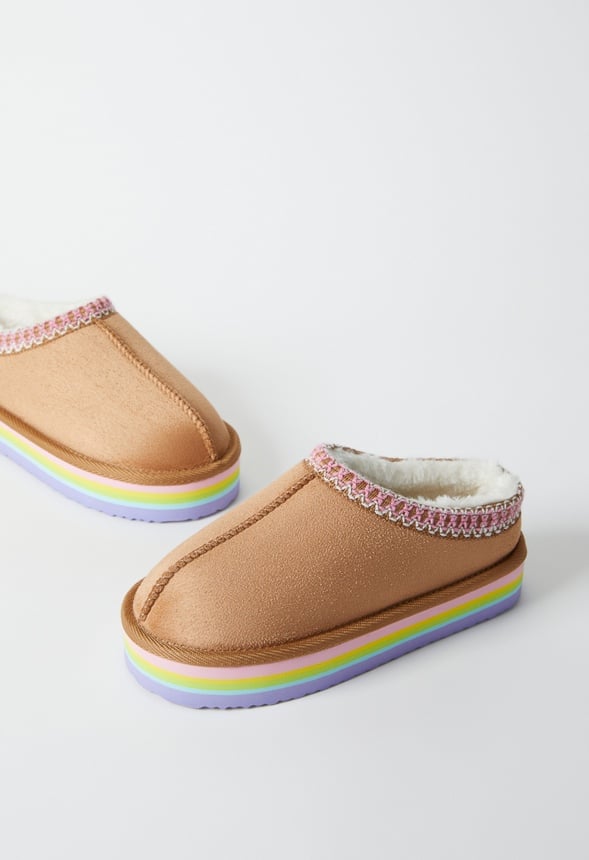 Rainbow Platform Slip On Fuzzy Tan