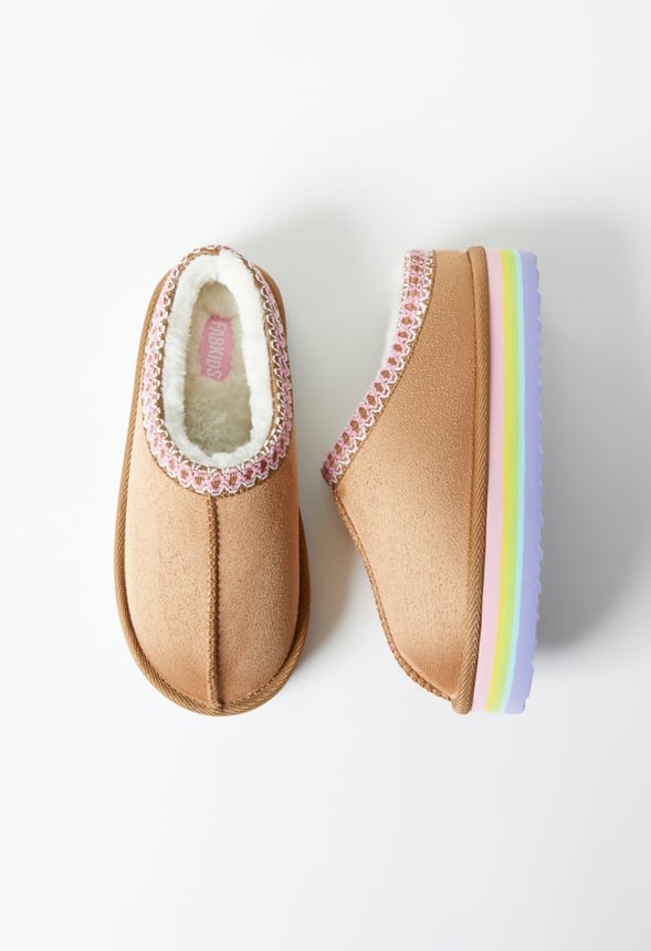 Rainbow Platform Slip On Fuzzy Tan
