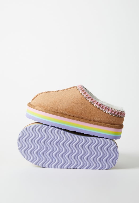 Rainbow Platform Slip On Fuzzy Tan