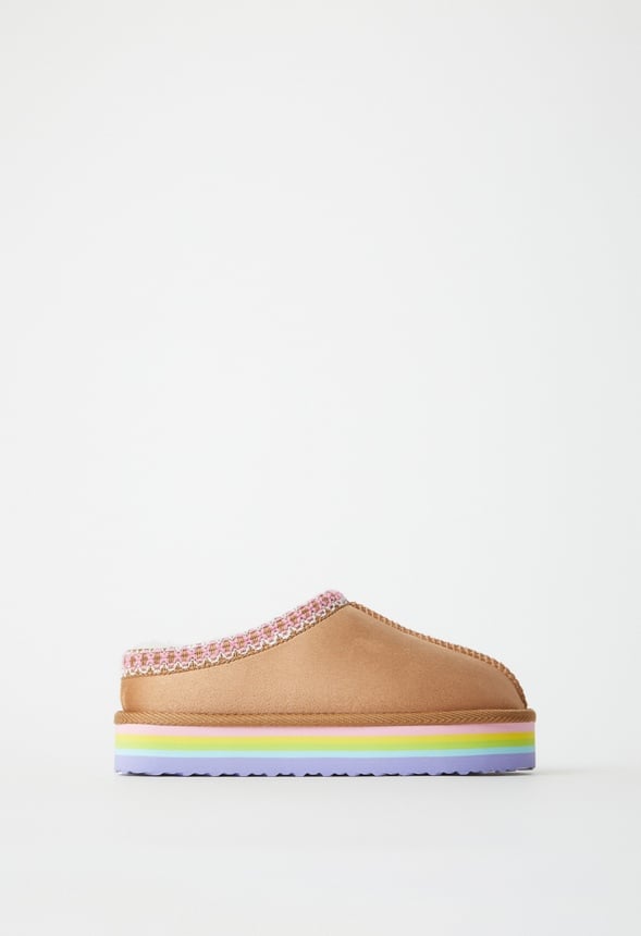 Rainbow Platform Slip On Fuzzy Tan