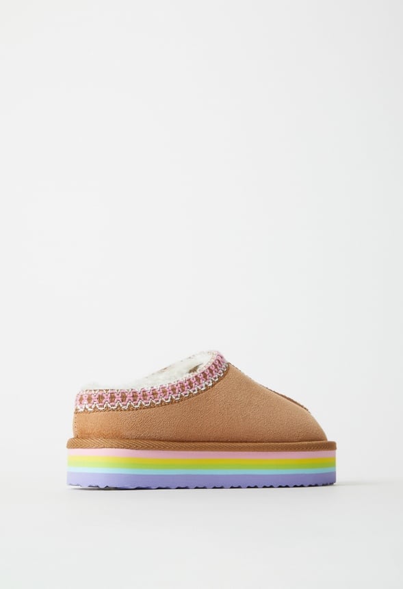 Rainbow Platform Slip On Fuzzy Tan