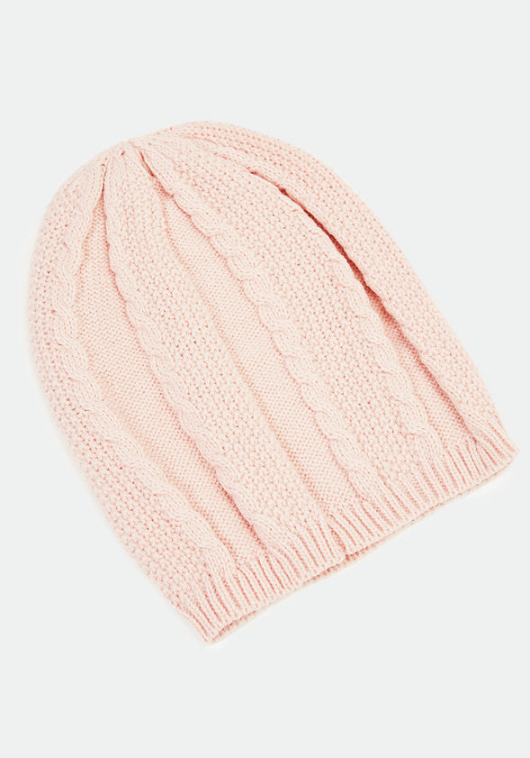 Slouchy Cable Knit Beanie Pink