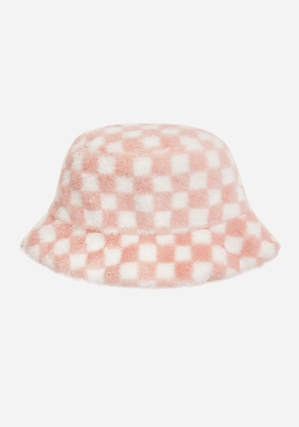Checker Fur Bucket Hat Pink