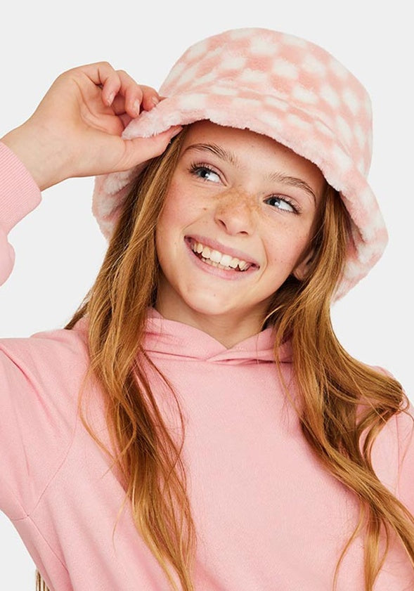 Checker Fur Bucket Hat Pink