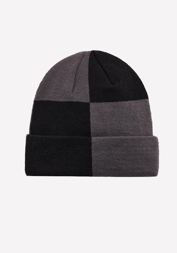 Checkered Beanie Hat Black