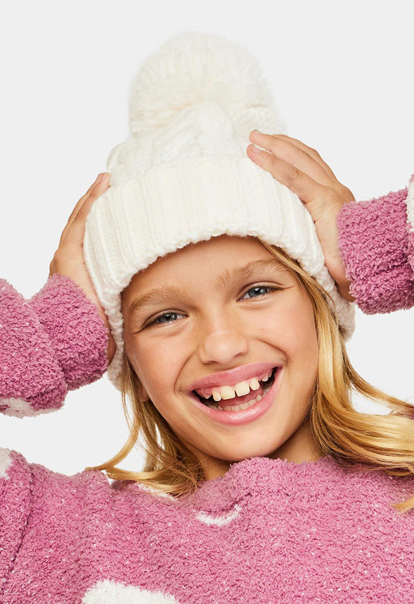 Cable Pom Beanie Cream