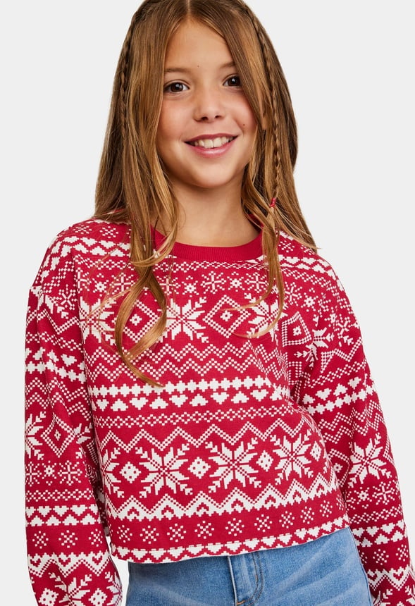 Fair Isle Cropped Sweatshirt Red