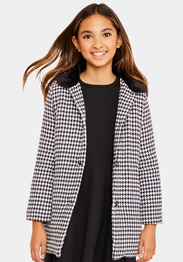 Houndstooth Fur Collar Coat Black