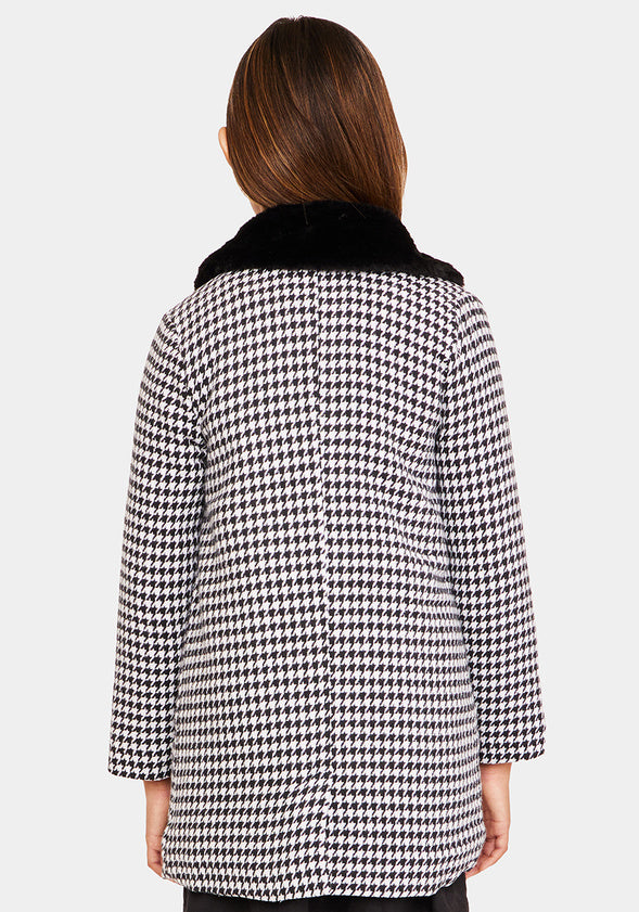 Houndstooth Fur Collar Coat Black