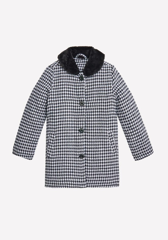 Houndstooth Fur Collar Coat Black
