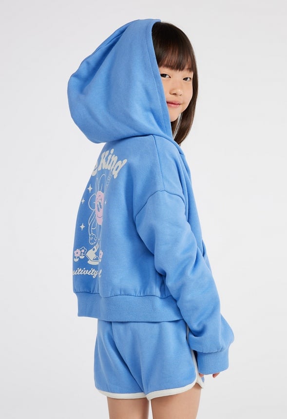 Loose Fit Cropped Zip Up Hoodie Blue