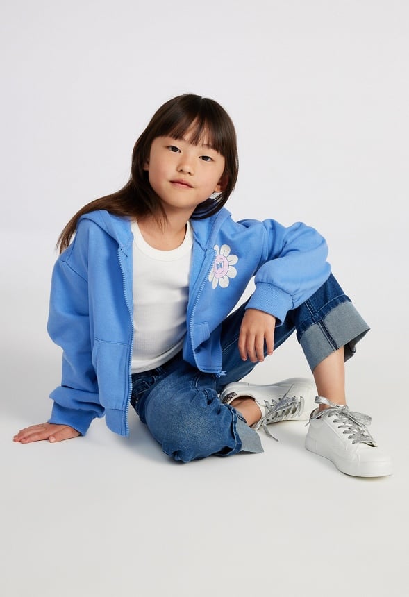 Loose Fit Cropped Zip Up Hoodie Blue