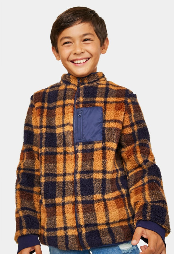 Sherpa Zip Up Jacket Brown Plaid