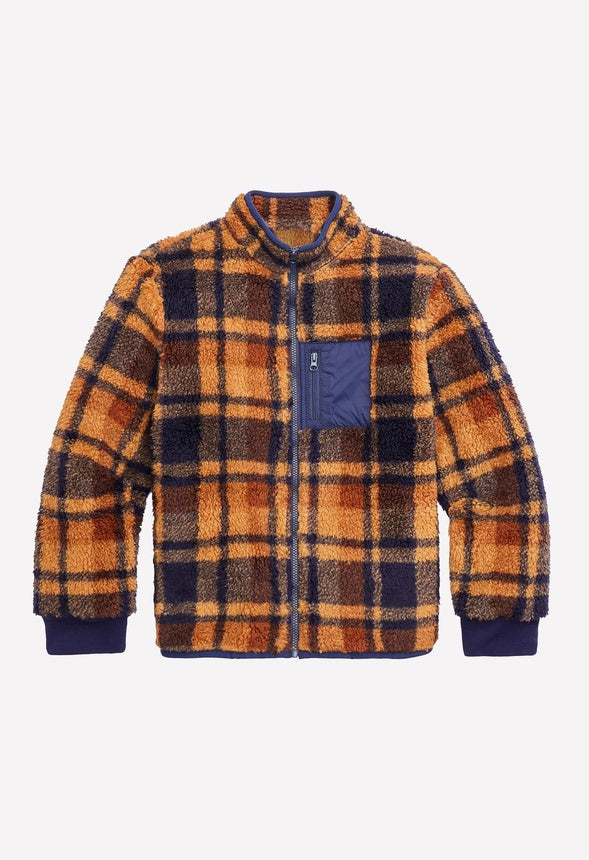 Sherpa Zip Up Jacket Brown Plaid