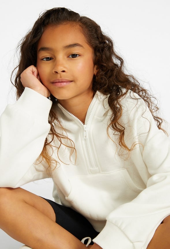 Hooded Half Zip Cropped Sweatshirt White