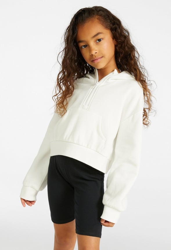 Hooded Half Zip Cropped Sweatshirt White
