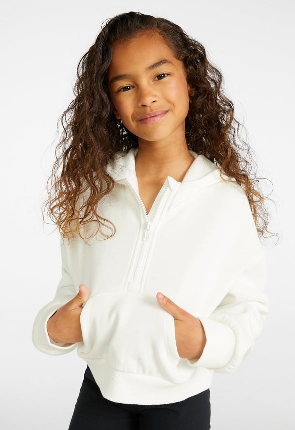 Hooded Half Zip Cropped Sweatshirt White