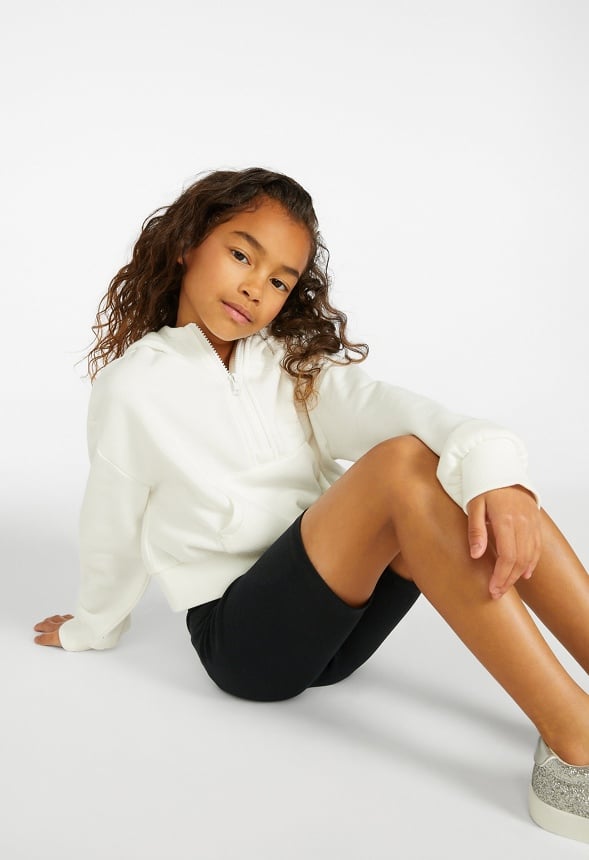 Hooded Half Zip Cropped Sweatshirt White