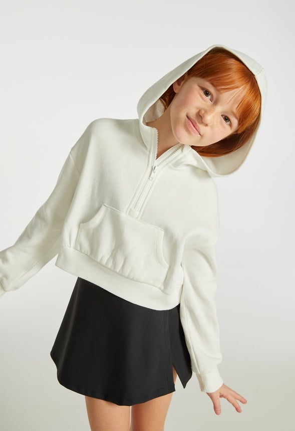 Hooded Half Zip Cropped Sweatshirt White