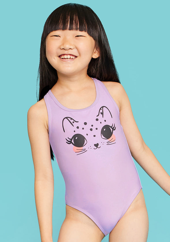 Cat Cross Back One Piece Swimsuit Purple