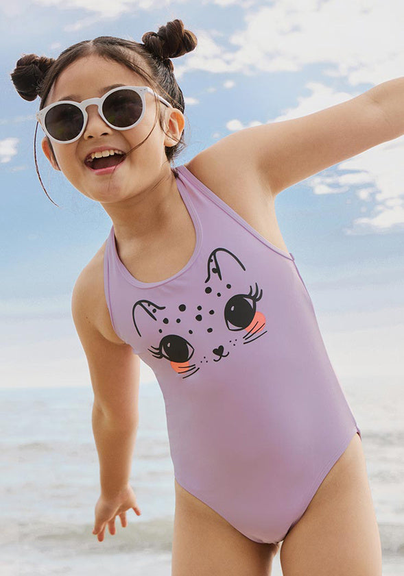Cat Cross Back One Piece Swimsuit Purple