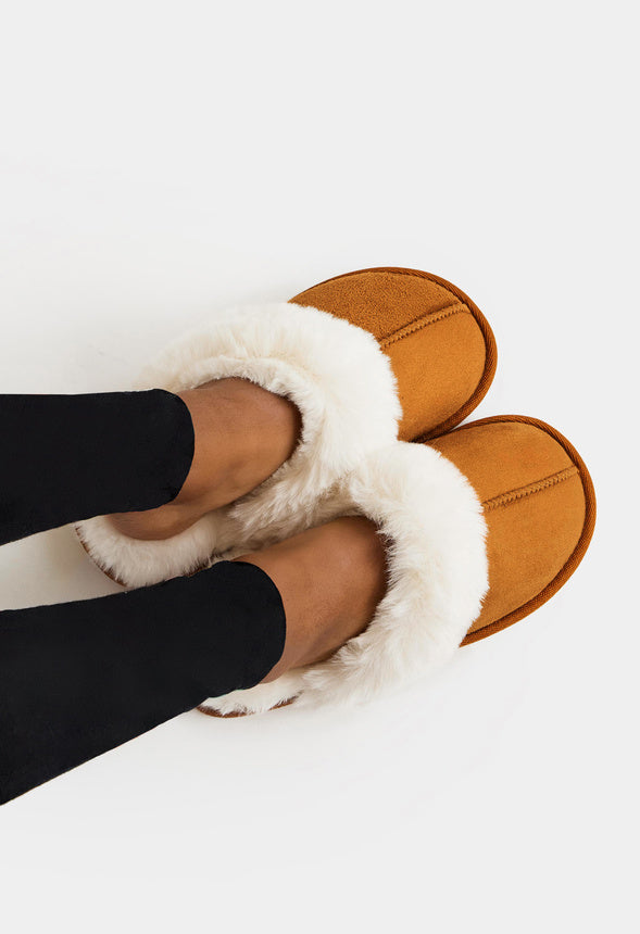 Fur Trim Slipper Brown