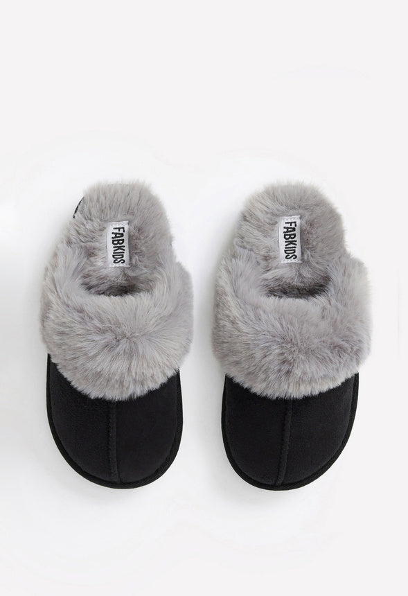 Fur Trim Slipper Black