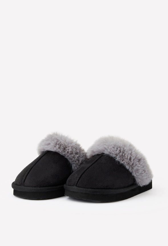 Fur Trim Slipper Black