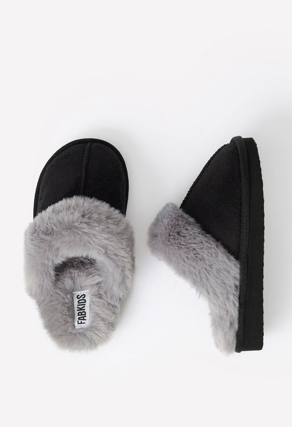 Fur Trim Slipper Black