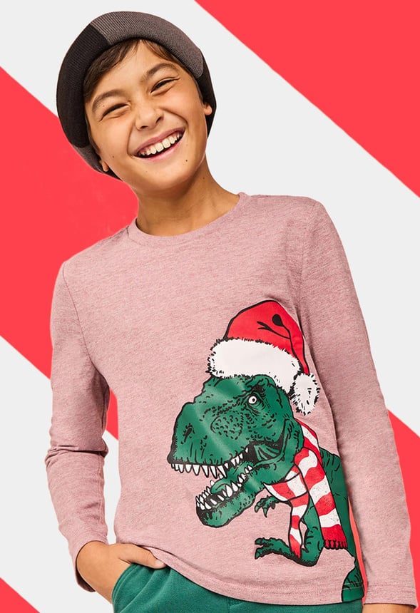 Dinosaur Santa Tee Red