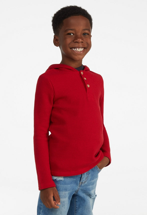 Waffle Hooded Henley Top Red