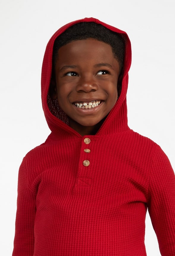 Waffle Hooded Henley Top Red