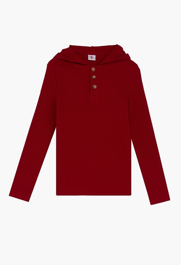 Waffle Hooded Henley Top Red