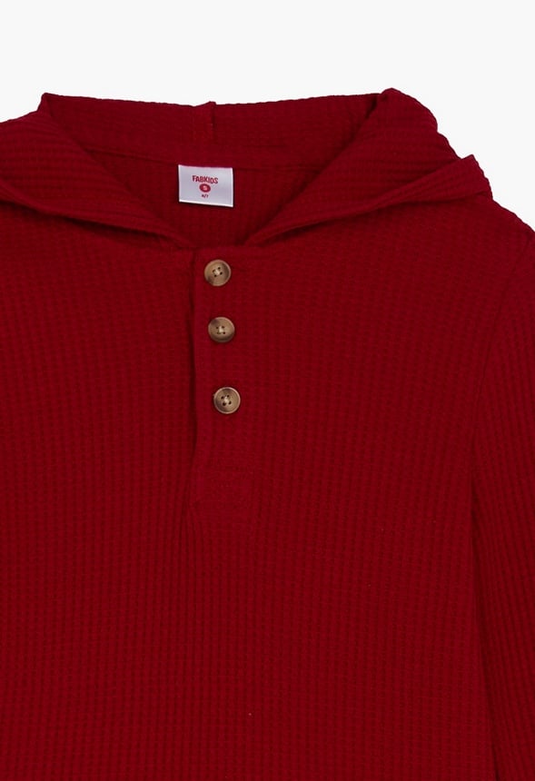Waffle Hooded Henley Top Red