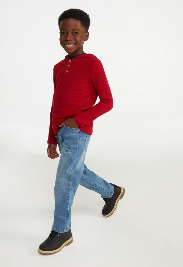 Waffle Hooded Henley Top Red