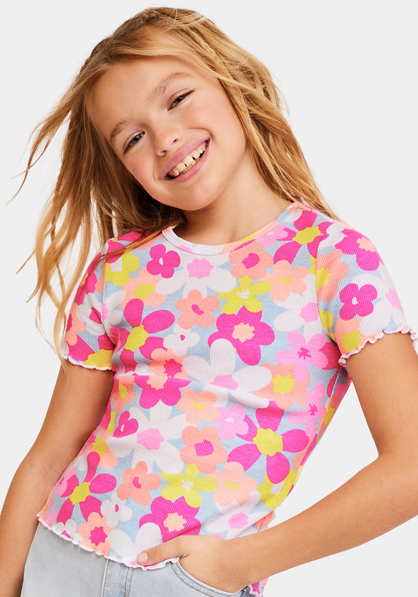 Ribbed Floral Lettuce Edge Tee Multi Floral