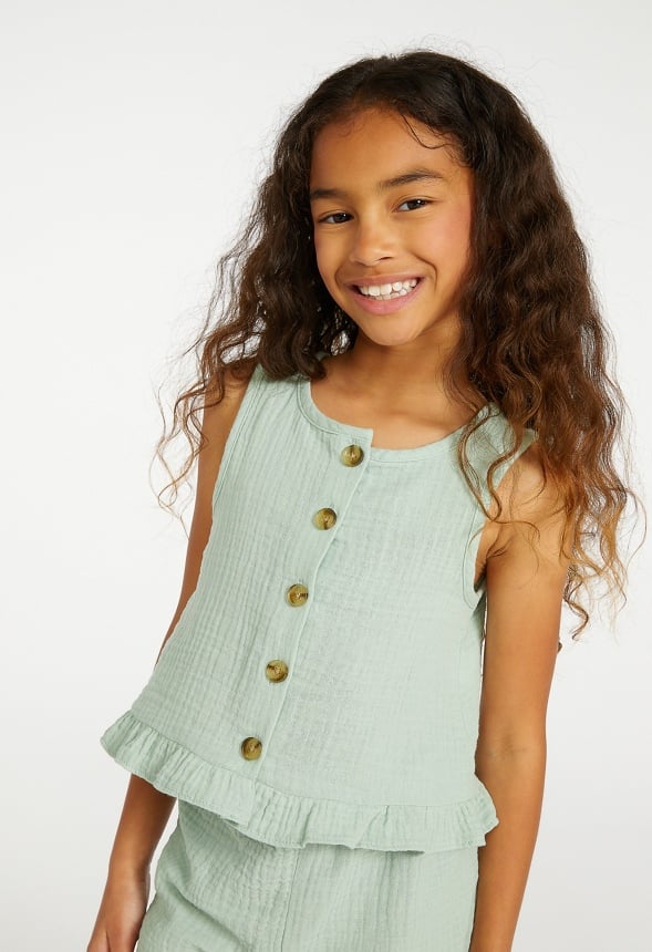 Crinkle Knit Ruffle Hem Tank Green