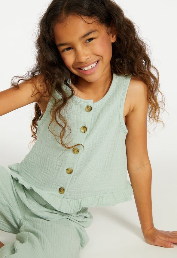 Crinkle Knit Ruffle Hem Tank Green